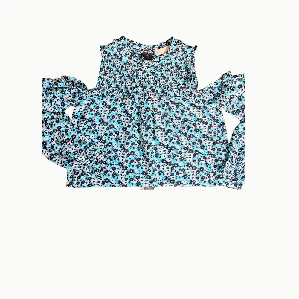 Michael Kors Blue Floral Cold Shoulder Boho Chic Top Crew neck Womens M